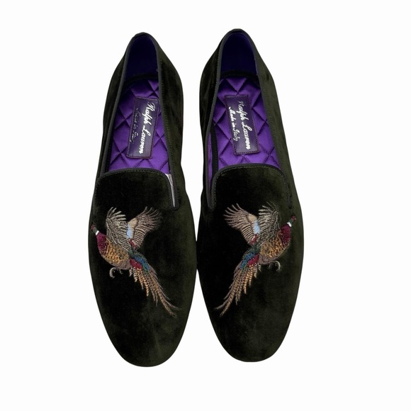 Ralph Lauren Purple Label NEW Men\'s 8.5 D Green Velvet Alonzo Pheasant Slippers main image 2